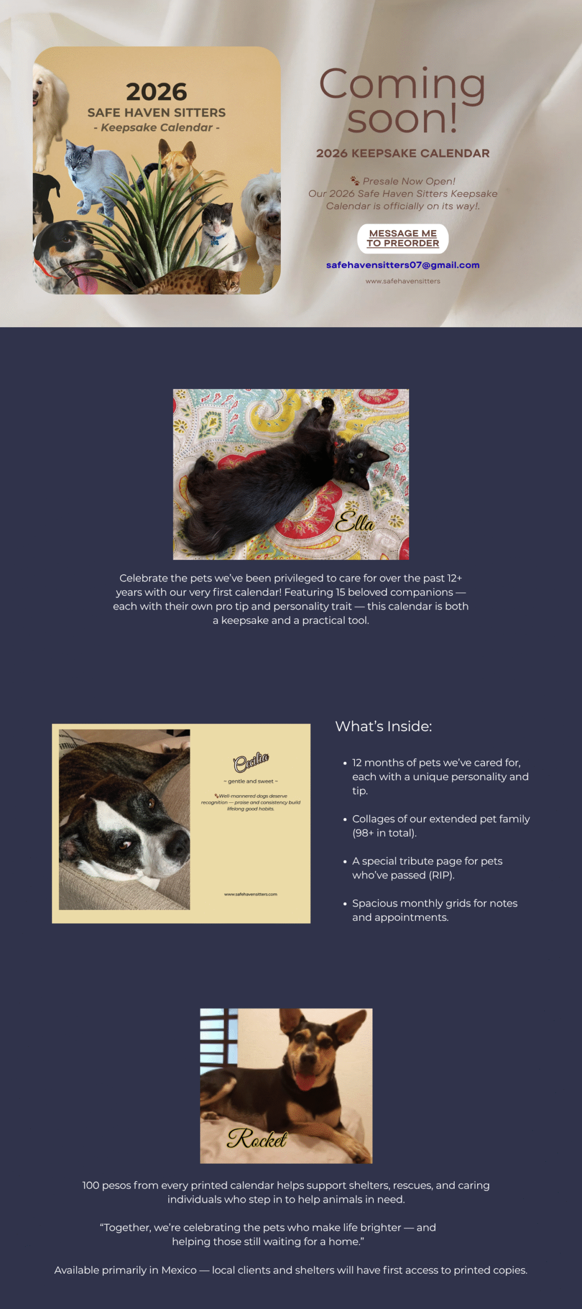 28 page wall calendar for Safe Haven Sitters